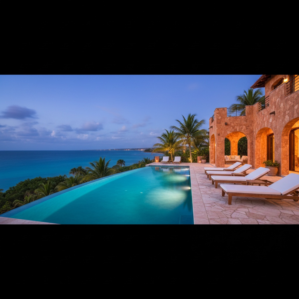Luxury private villa infinity pool at blue hour