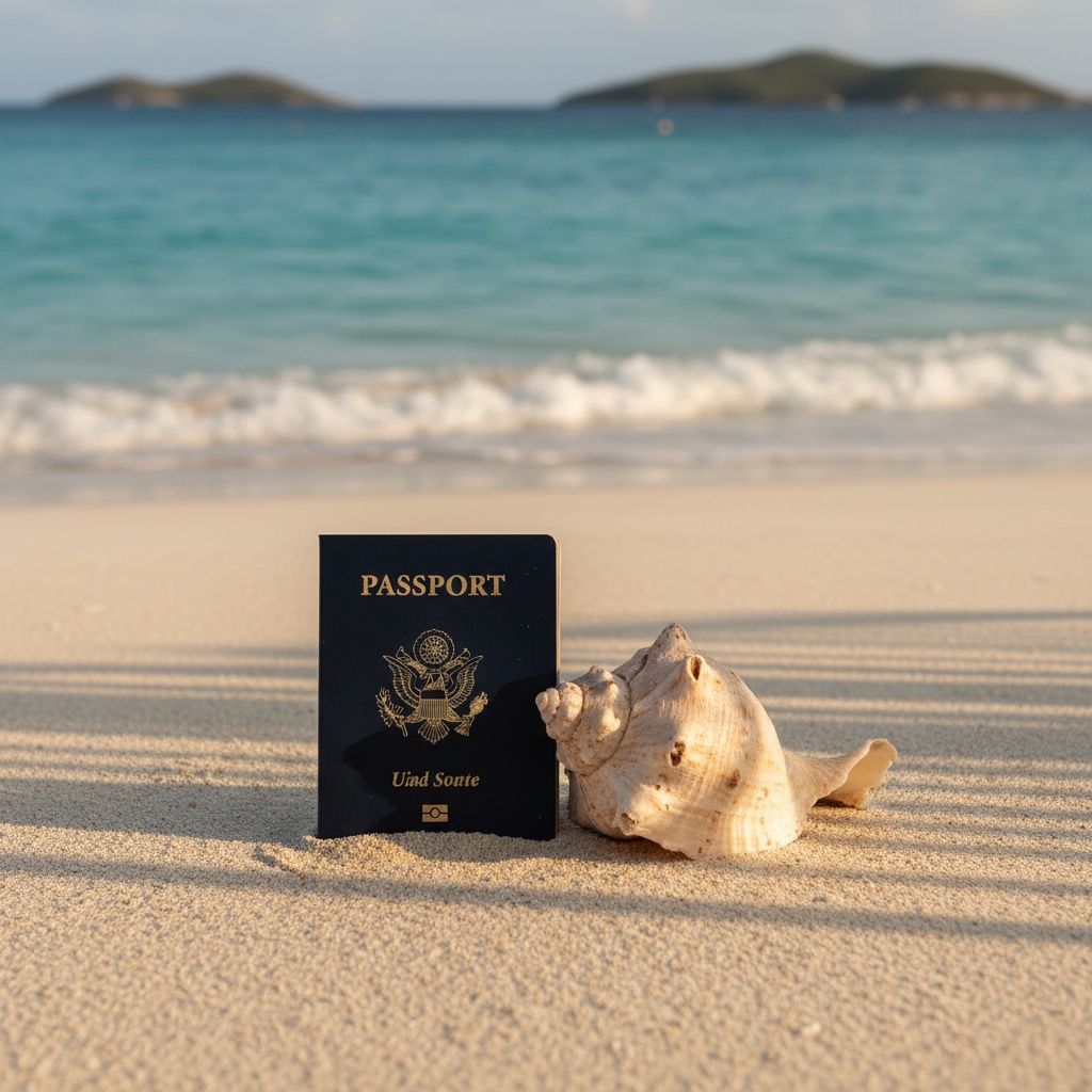 US passport on Caribbean beach sand