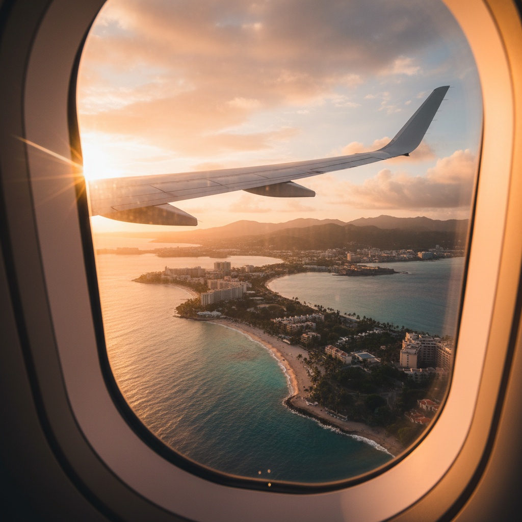 Airplane window view descending into San Juan