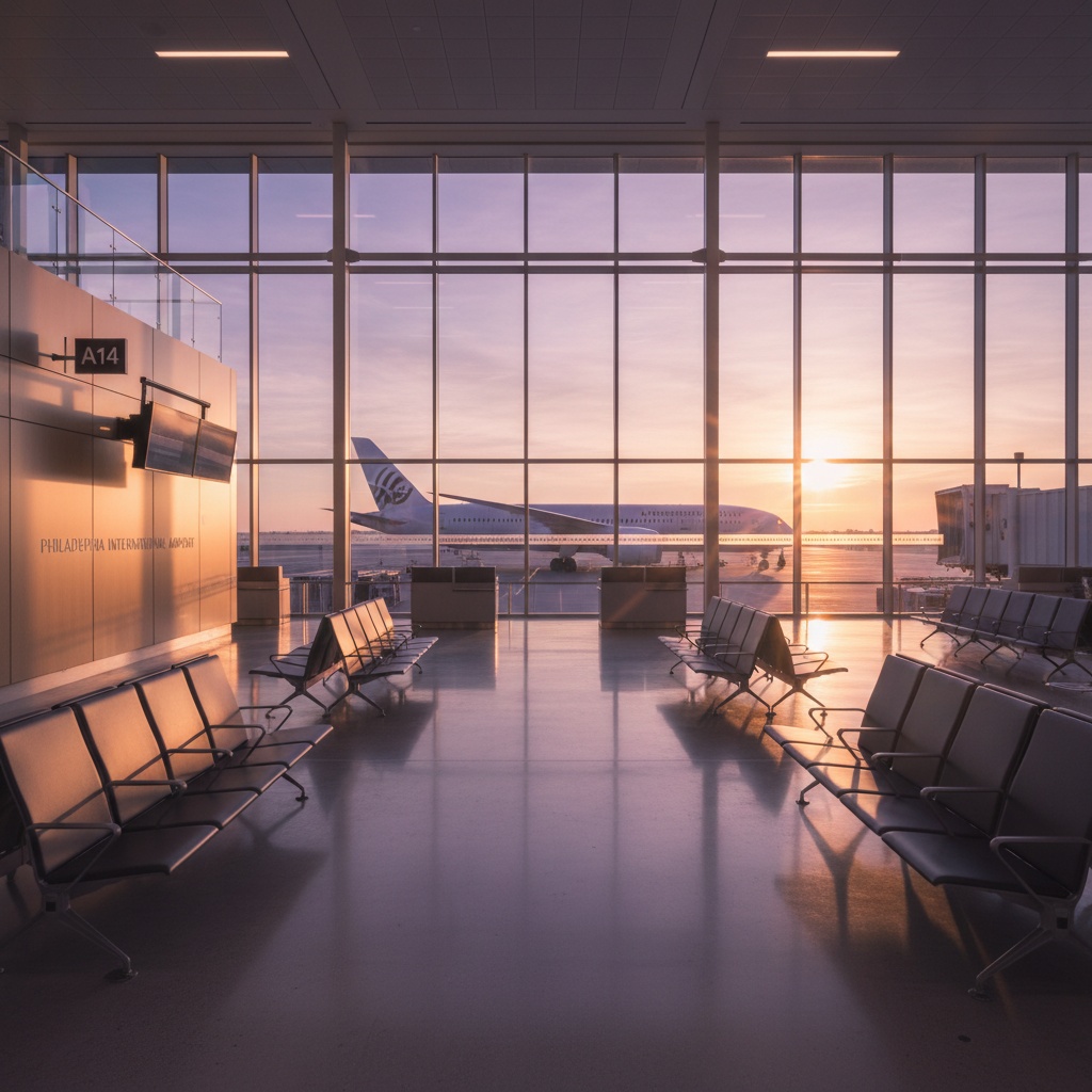 Philadelphia airport gate at sunrise