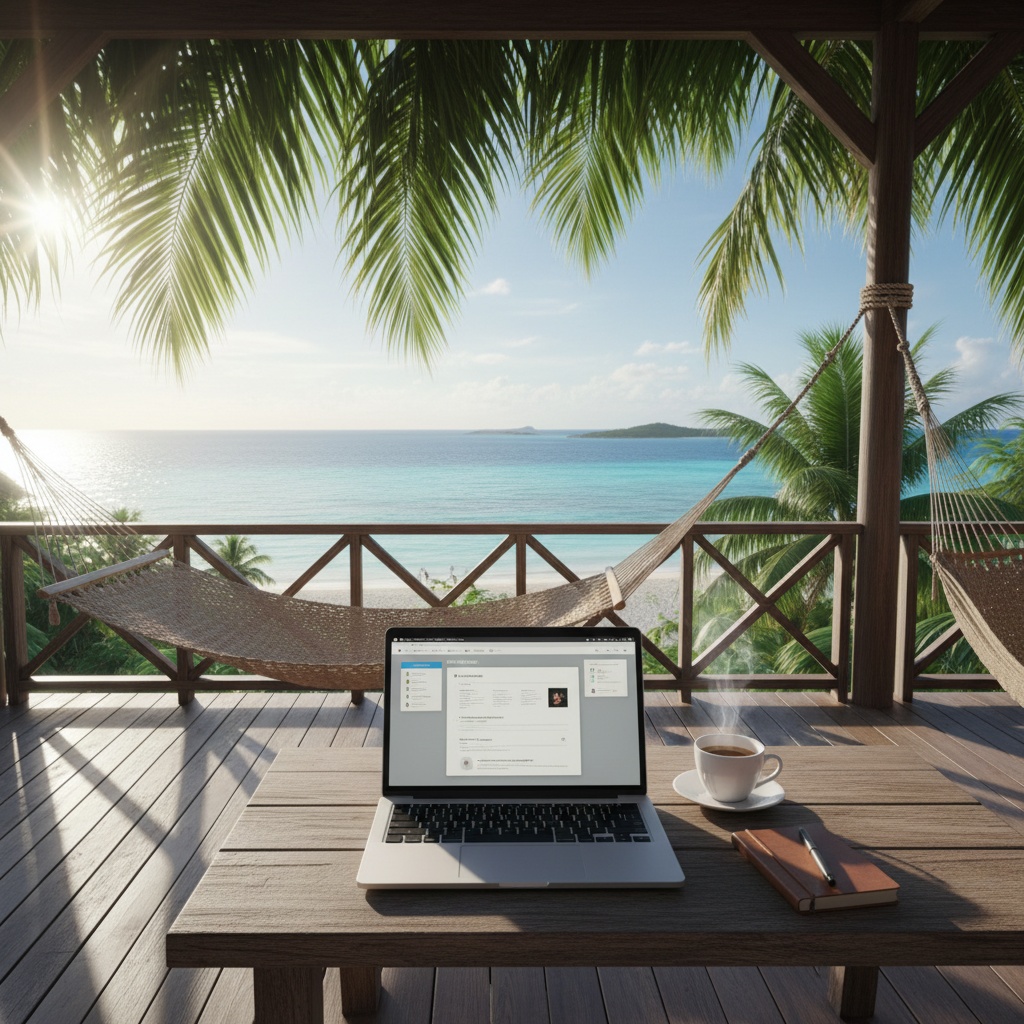 Laptop workspace on tropical villa balcony