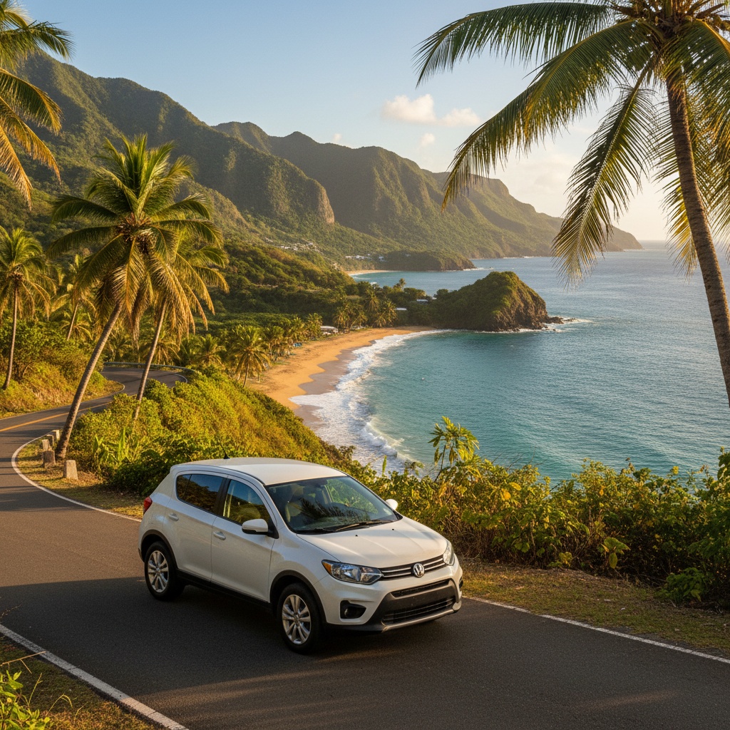 A rental car on a coastal road in Puerto Rico with mountains and ocean in the background